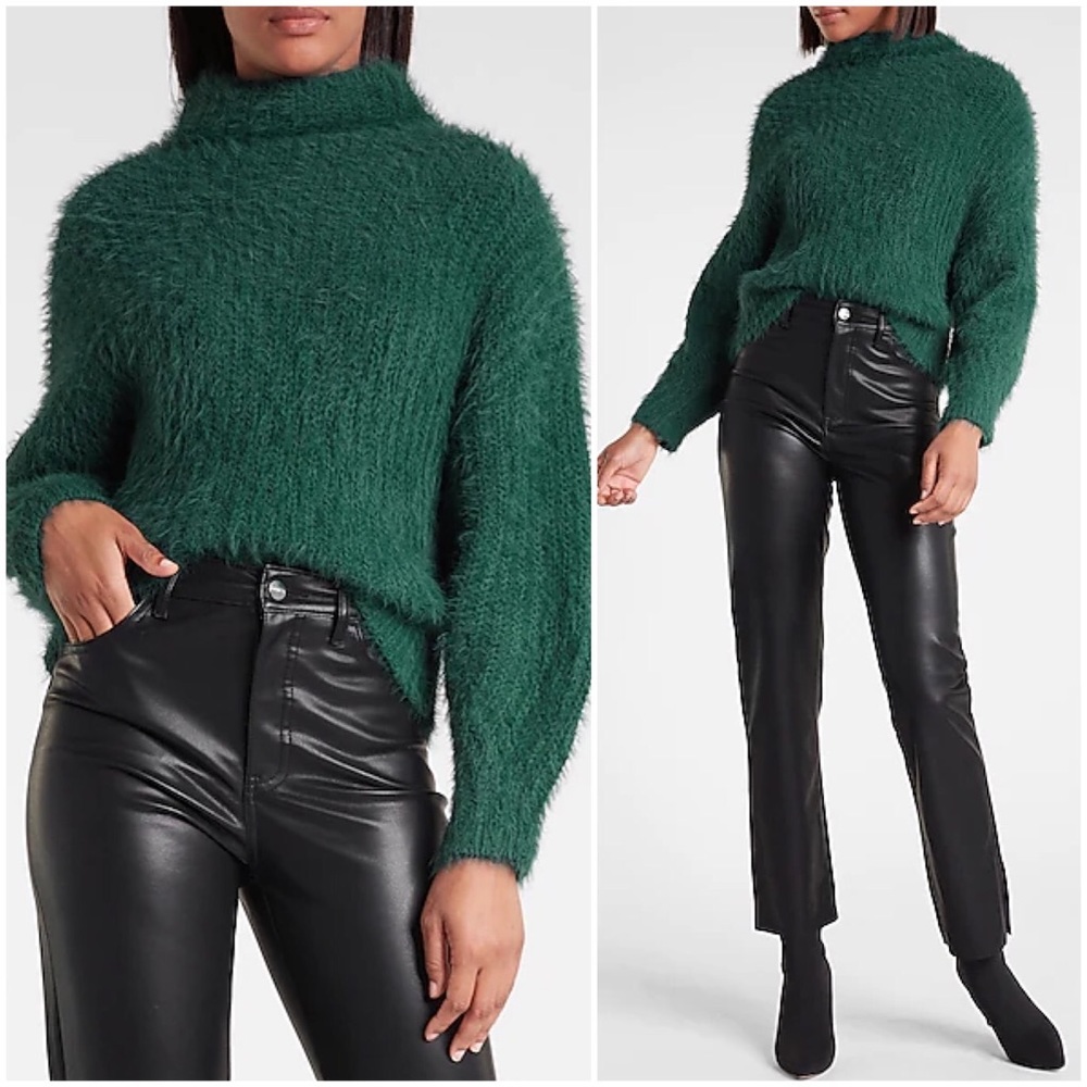 Express Fuzzy Chenille Mock Turtleneck Cozy Knit Textured Dolman Sleeve Sweater - Picture 12 of 12